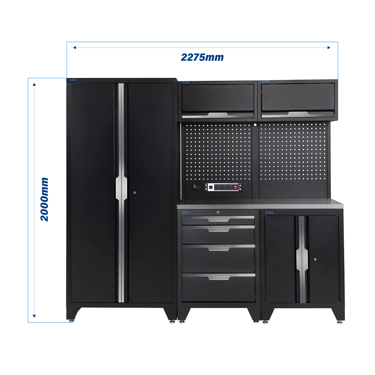 SGS 7pc Modular Garage Storage | 4 Drawers | Stainless Steel Worktop | Floor Cabinet | 2x Upper Cabinets | Tall Double Cabinet | Pegboard with Power Strip